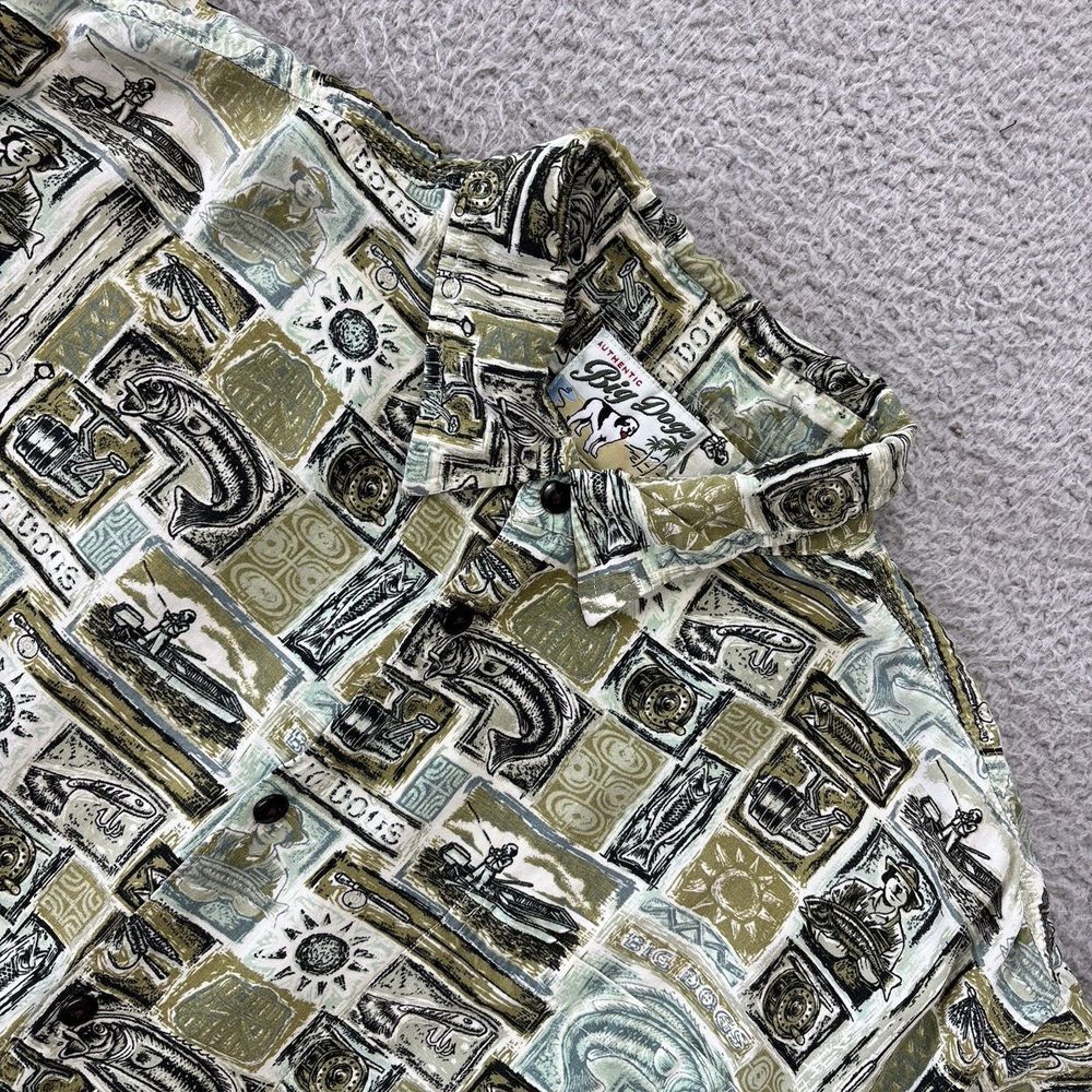 Big Dogs Hawaiian Shirt Mens XL All Over Fishing Fish Print Button Up Rayon
